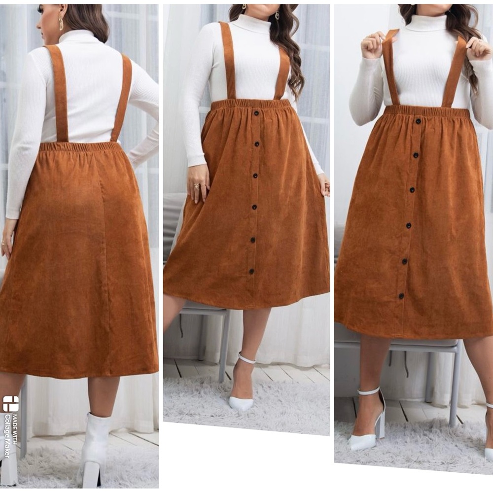 BLOOMCHIC Faux Button Front Corduroy Pinafore Suspender Skirt‎